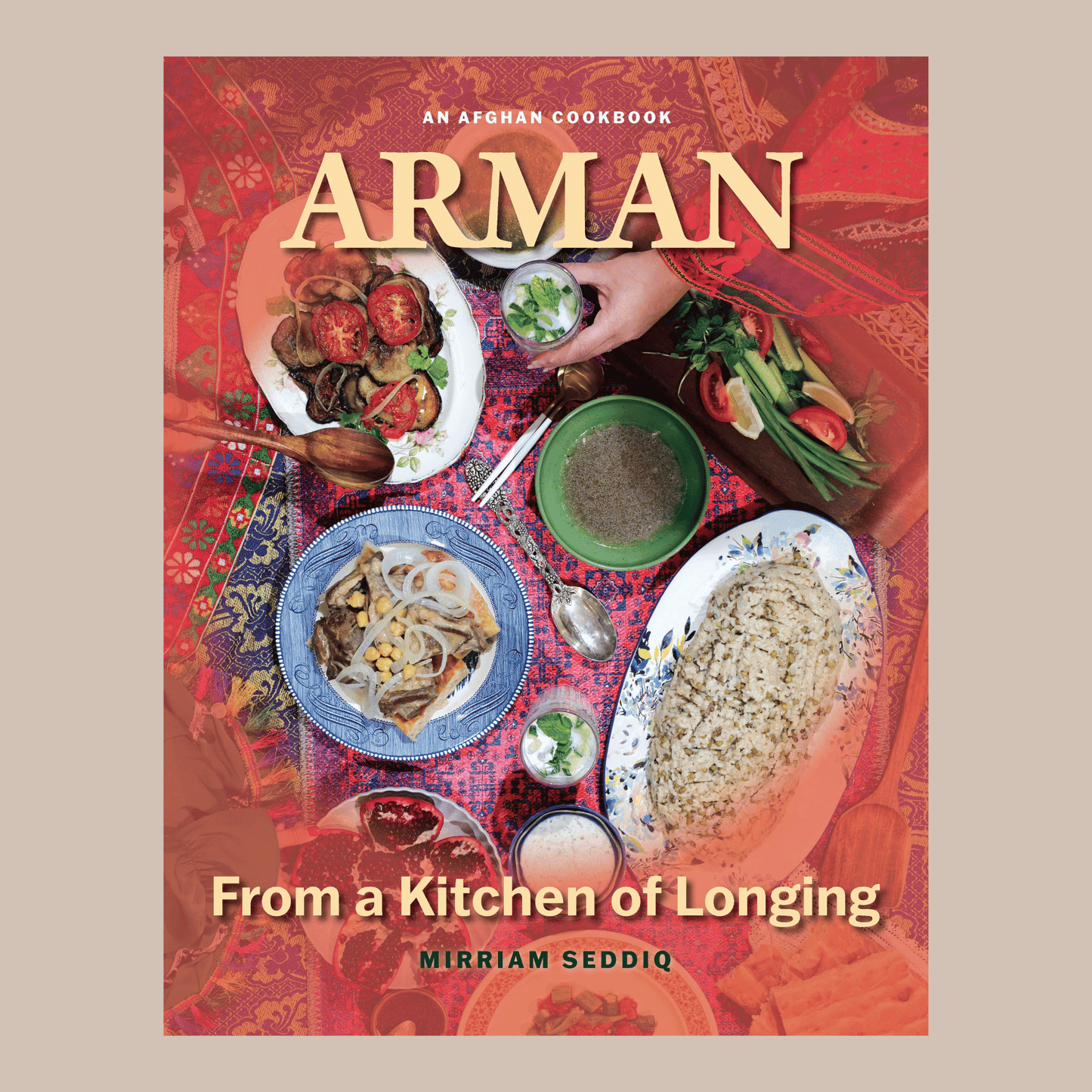 Book cover of 'Arman: From a Kitchen of Longing' with food images and colorful design.